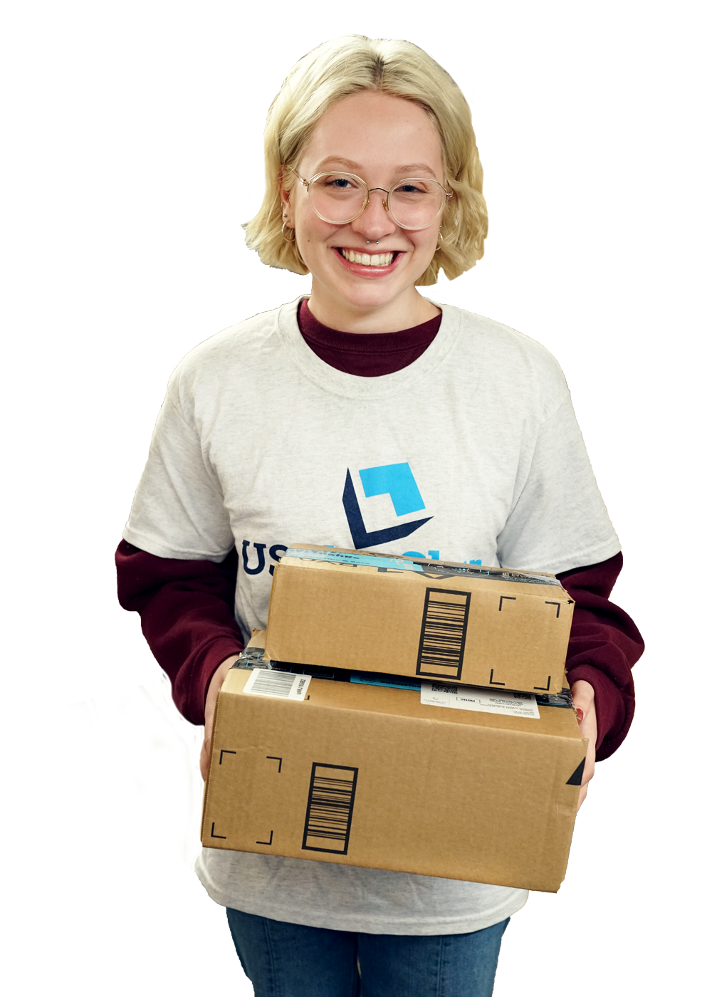 usshipshop employee holding packages